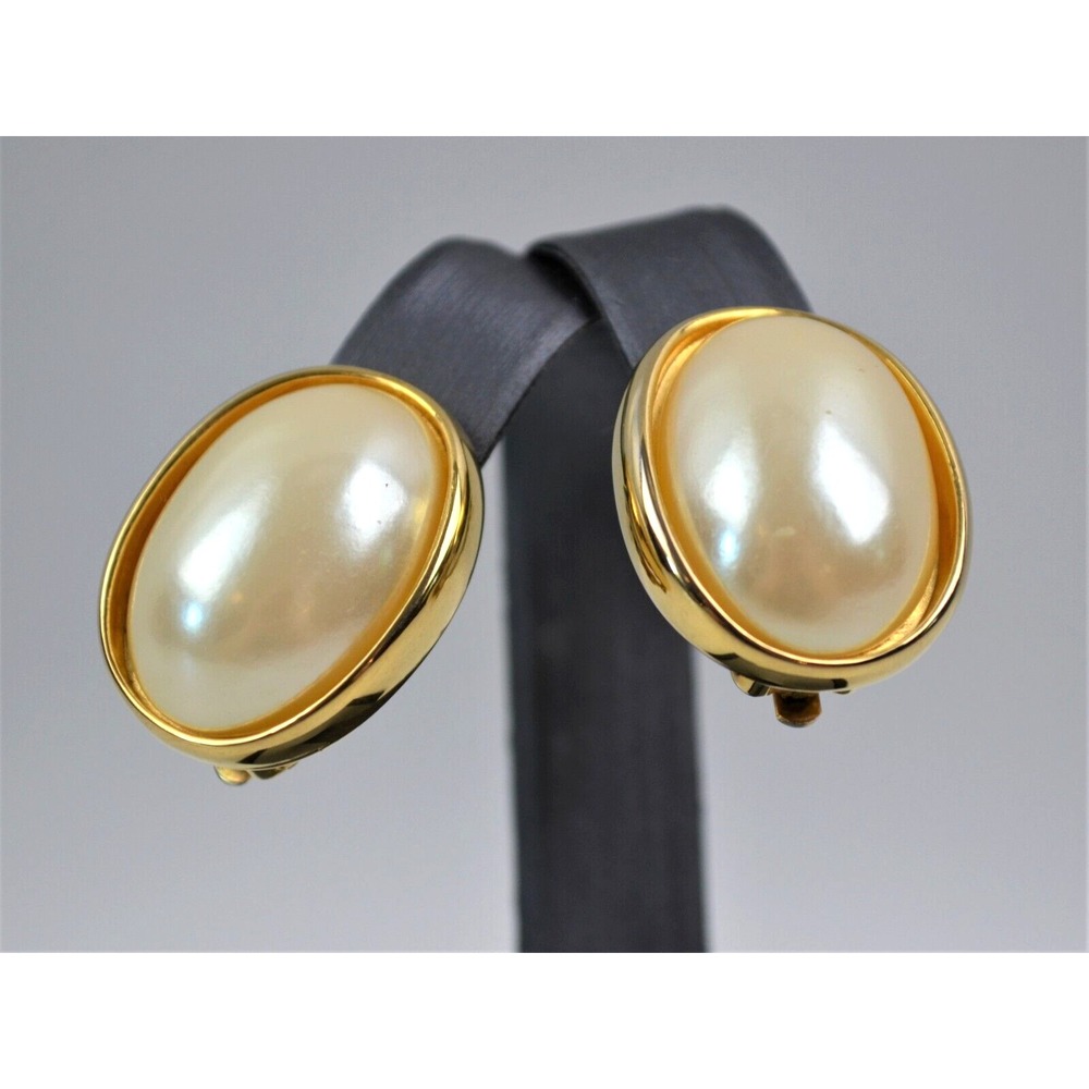 Vintage Star Brand Gold Tone Clip On Earrings with an Oval Faux Pearl 1"